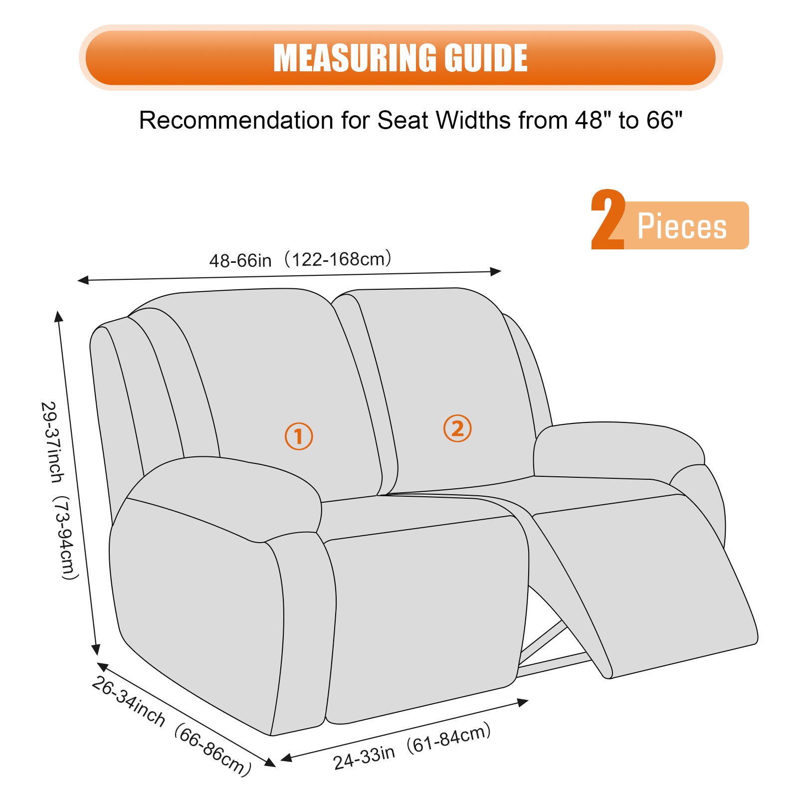 2-Pieces Stretch Reclining Loveseat Cover with Pockets (Dark Gray)