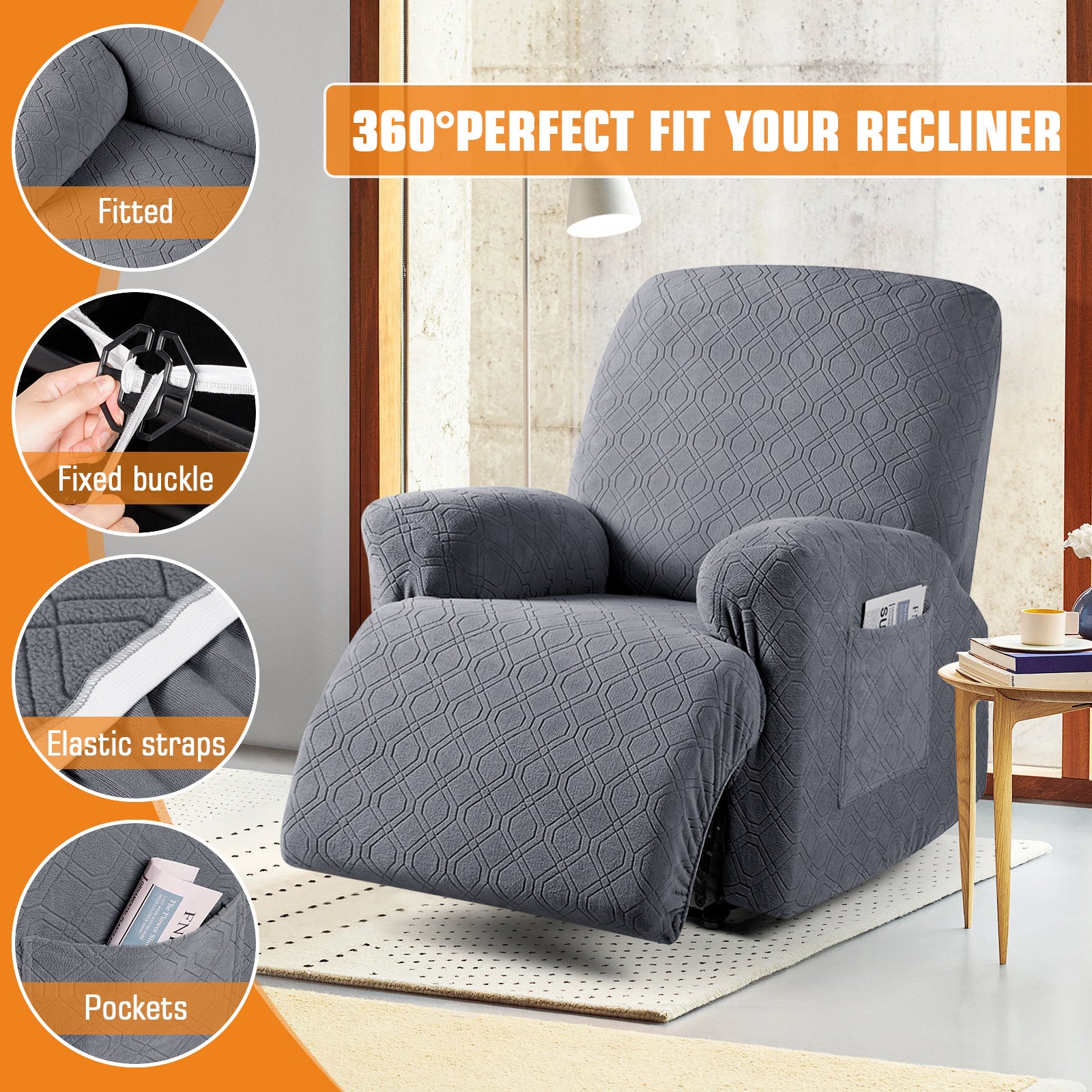 3-Pieces Stretch Recliner Chair Cover Furniture Protector (Dark Gray)