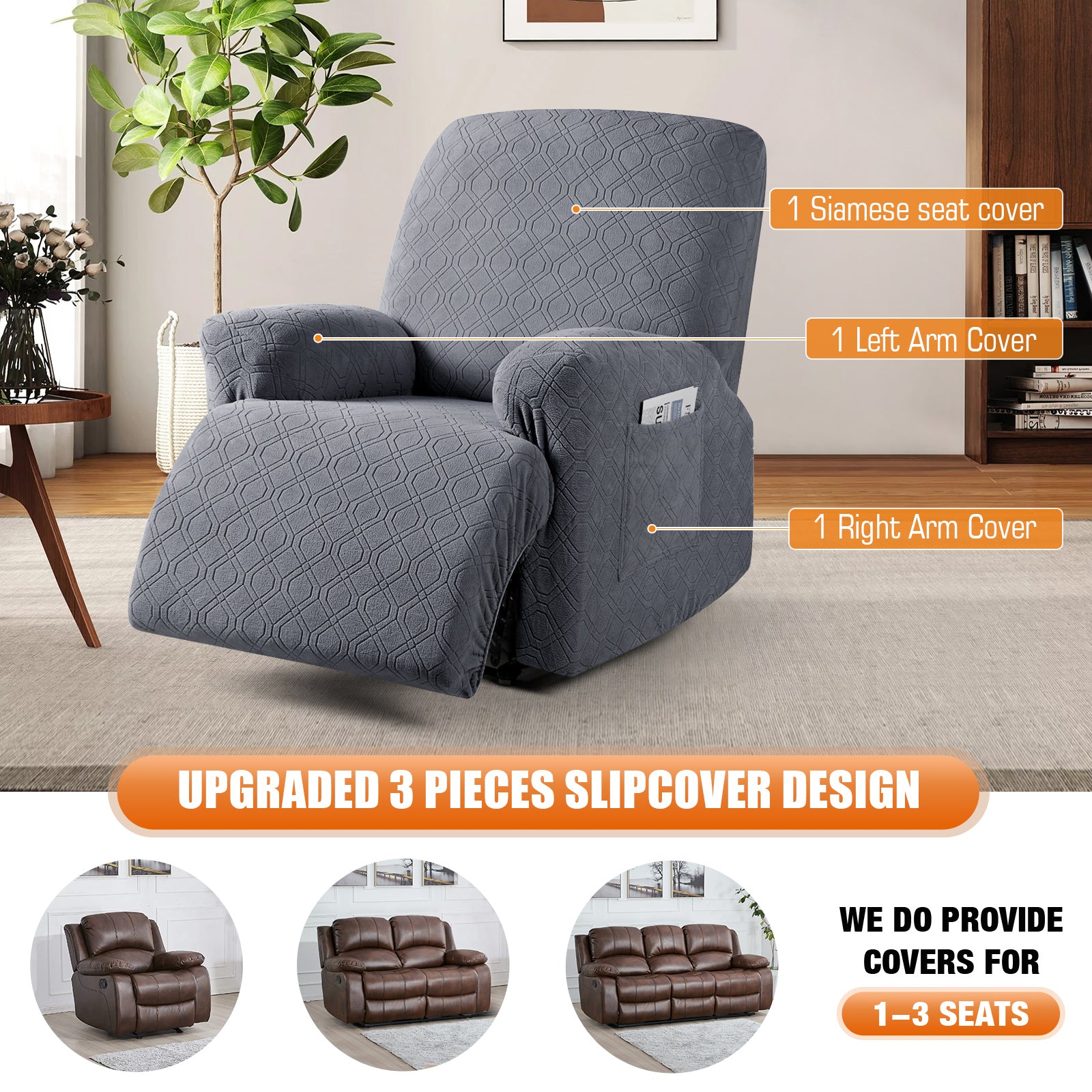 3-Pieces Stretch Recliner Chair Cover Furniture Protector (Dark Gray)