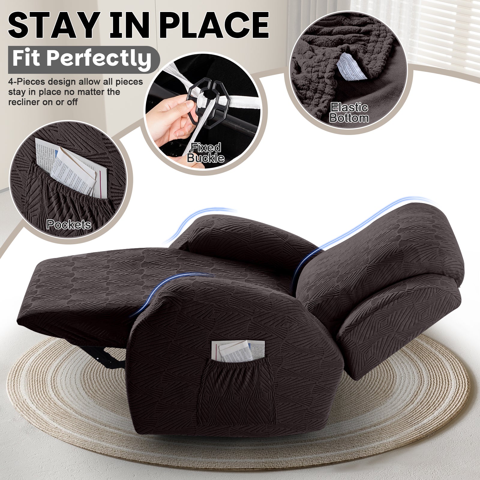 4-Pieces Stretch Recliner Chair Cover with Elastic Bottom (Chocolate)