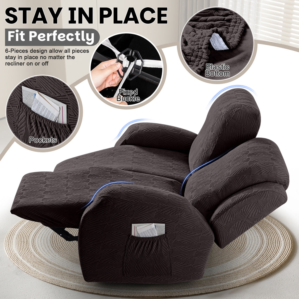 6-Pieces Stretch Dual Recliner Loveseat Cover with Elastic Bottom (Chocolate)