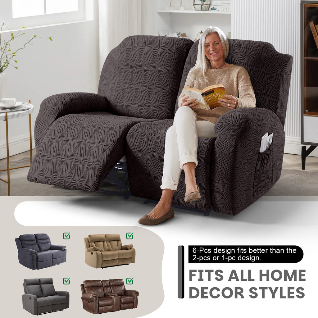 6-Pieces Stretch Dual Recliner Loveseat Cover with Elastic Bottom (Chocolate)