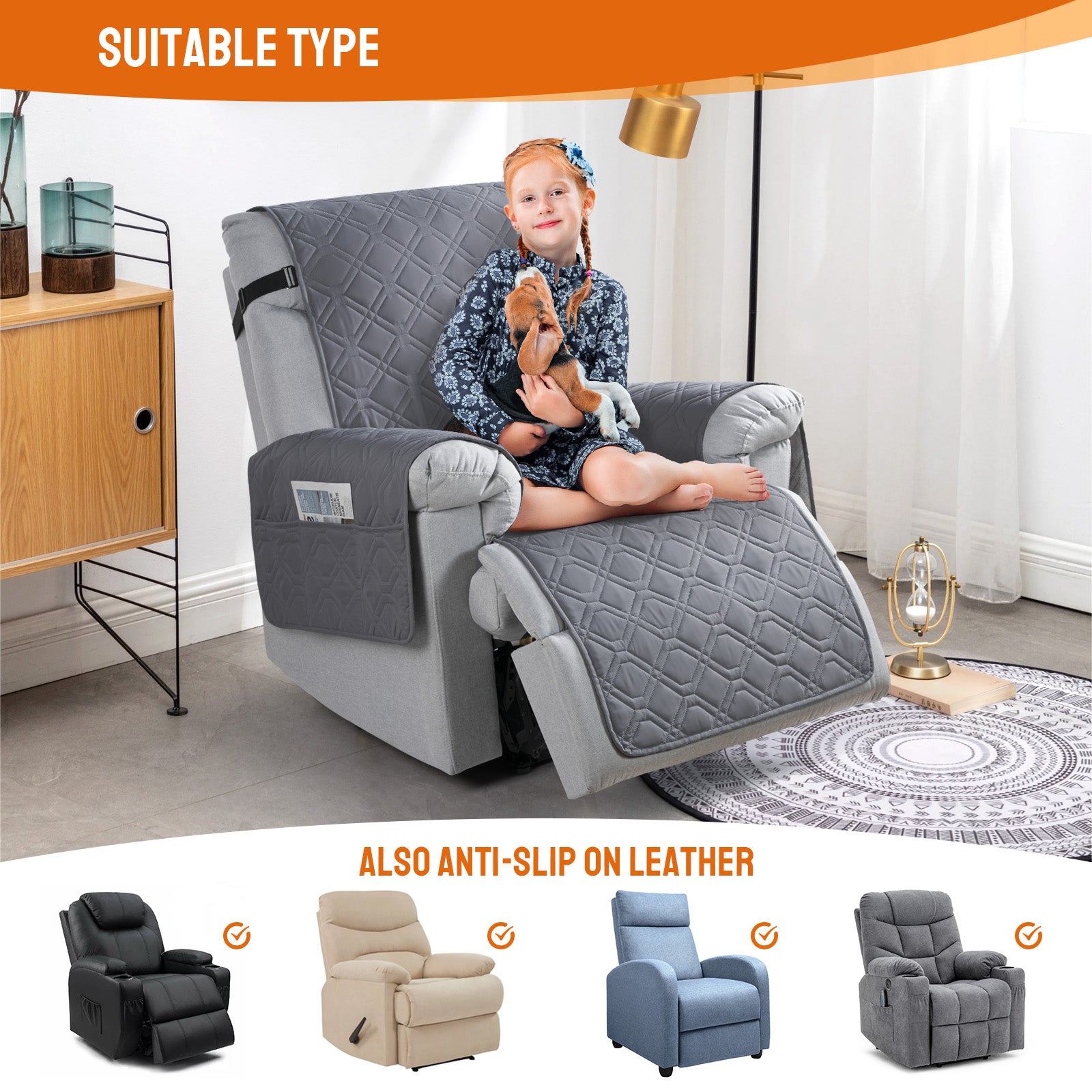 100% Waterproof Recliner Chair Cover with Non-Slip Design（Dark Gray）