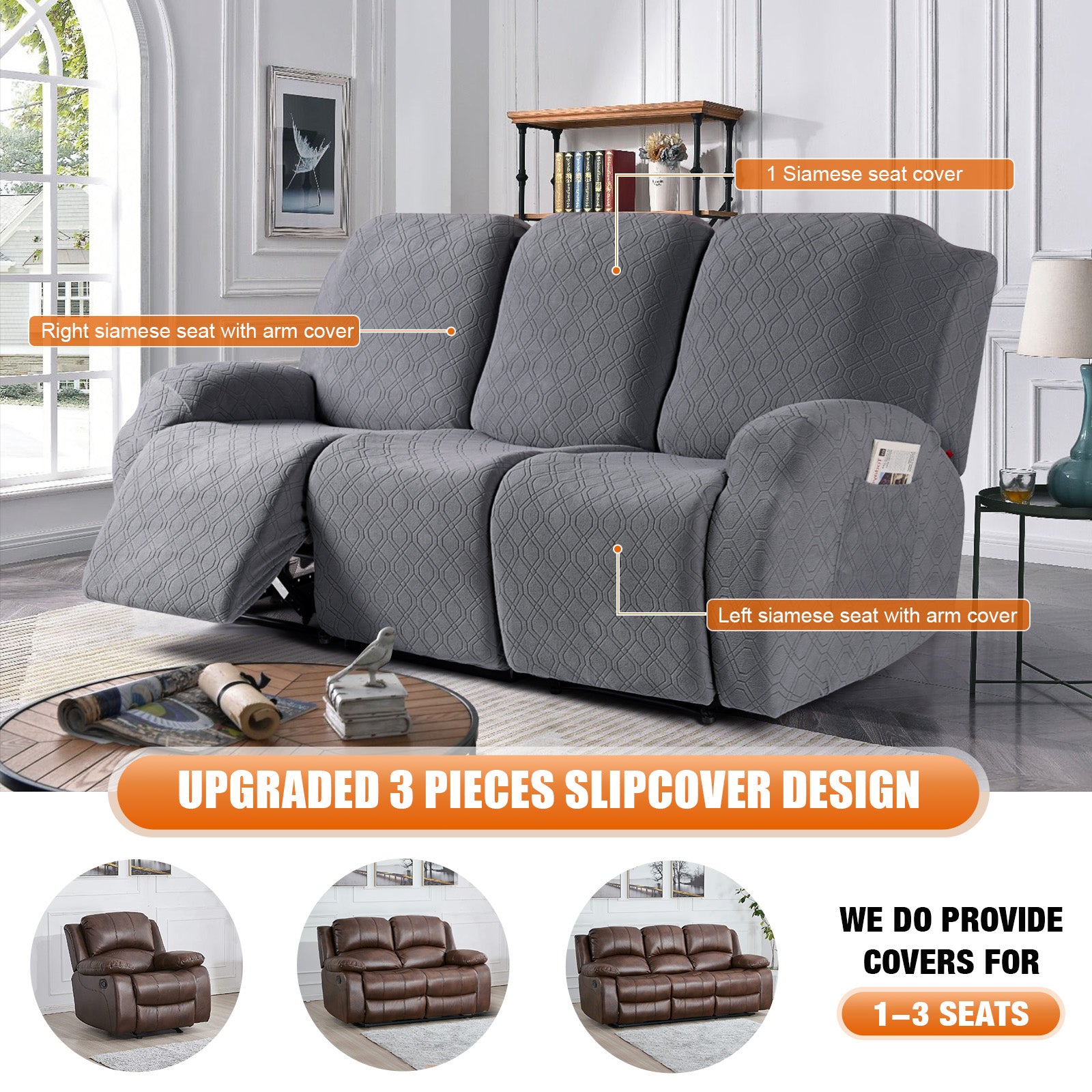3-Pieces Stretch Reclining Sofa Cover with Pockets (Dark Gray)