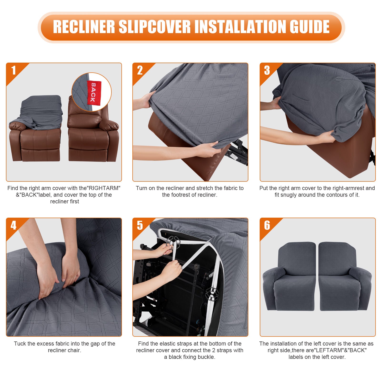 2-Pieces Stretch Reclining Loveseat Cover with Pockets (Dark Gray)