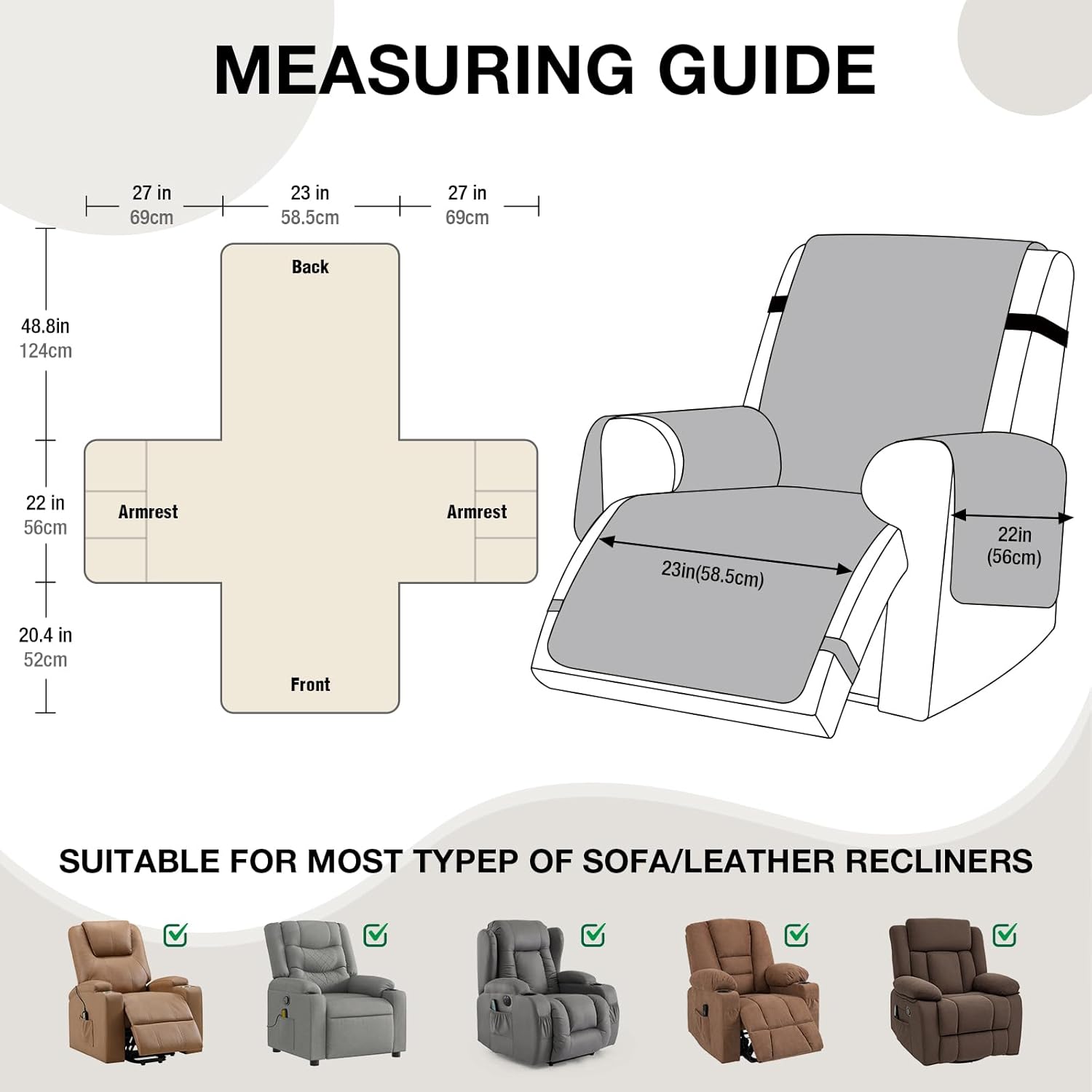 VANSOFY 100% Waterproof Recliner Chair Cover, Recliner Cover with Non-Slip Granule, Washable Reclining Chair with Pocket Furniture Protector for Kids, Pets(Dark Gray, 23")