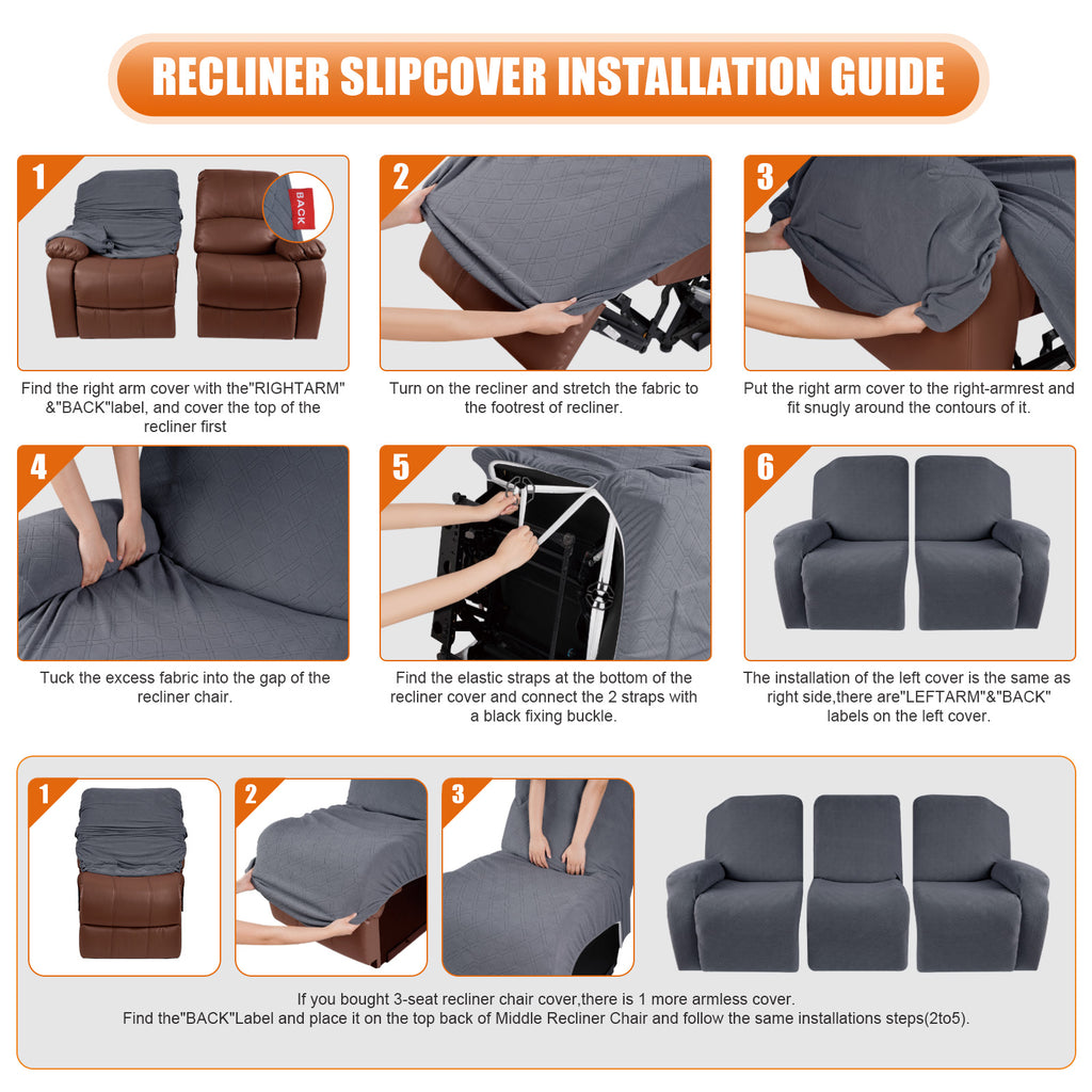 3-Pieces Stretch Reclining Sofa Cover with Pockets (Dark Gray)
