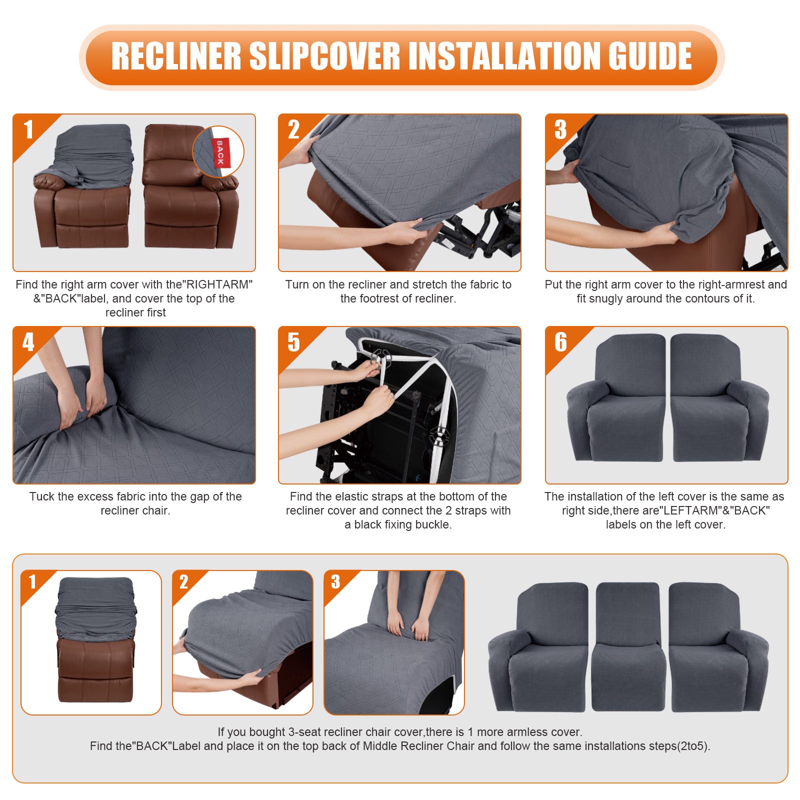 3-Pieces Stretch Reclining Sofa Cover with Pockets (Dark Gray)