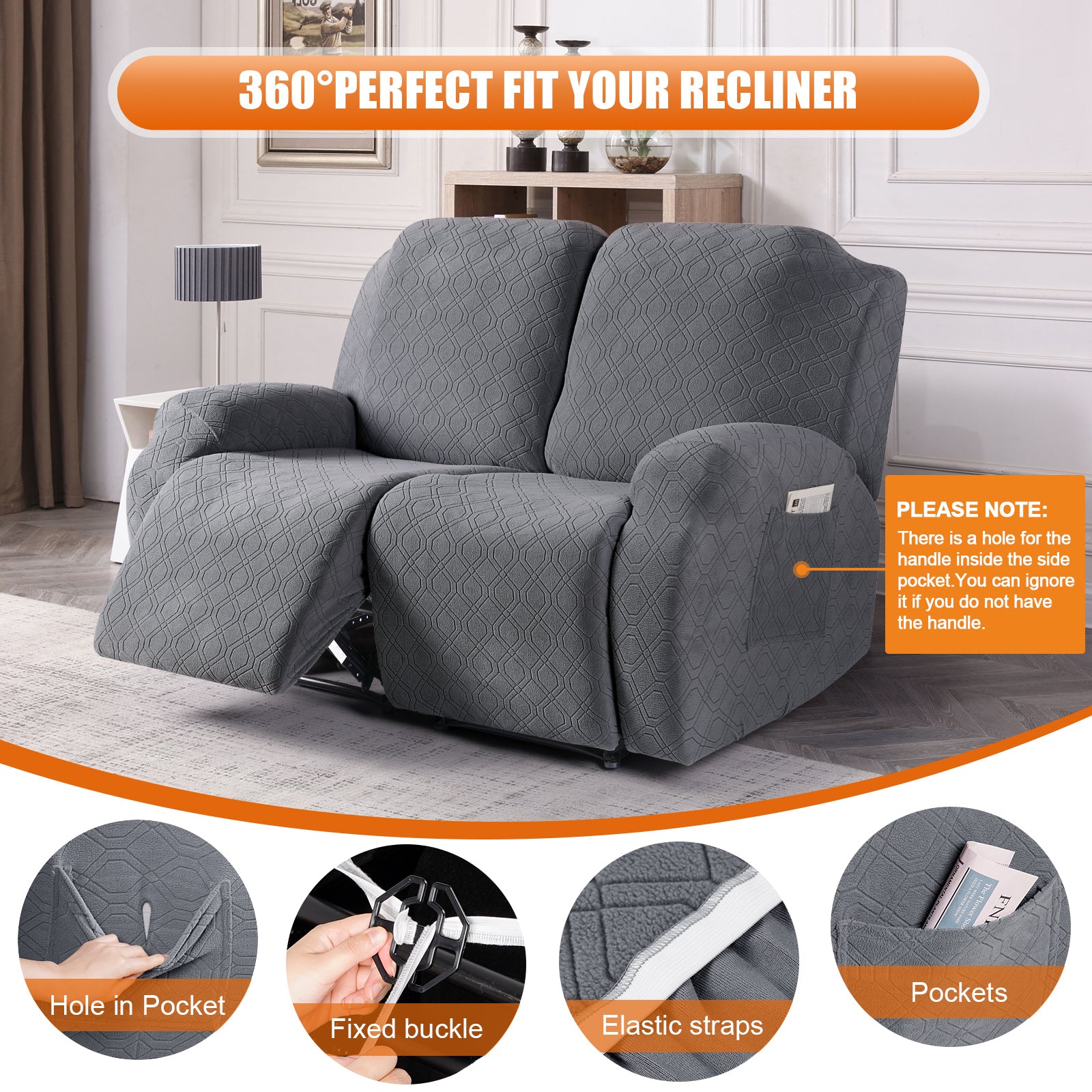 2-Pieces Stretch Reclining Loveseat Cover with Pockets (Dark Gray)