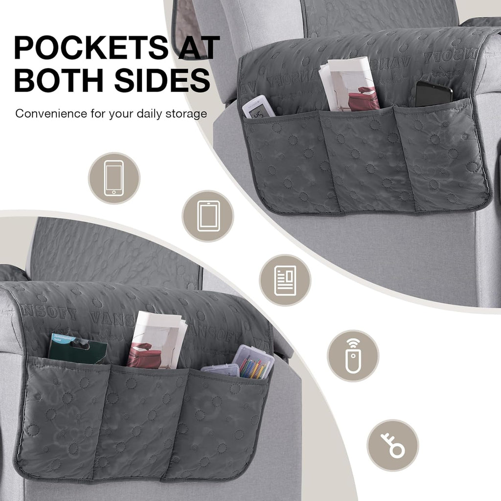 VANSOFY 100% Waterproof Recliner Chair Cover, Recliner Cover with Non-Slip Granule, Washable Reclining Chair with Pocket Furniture Protector for Kids, Pets(Dark Gray, 23")