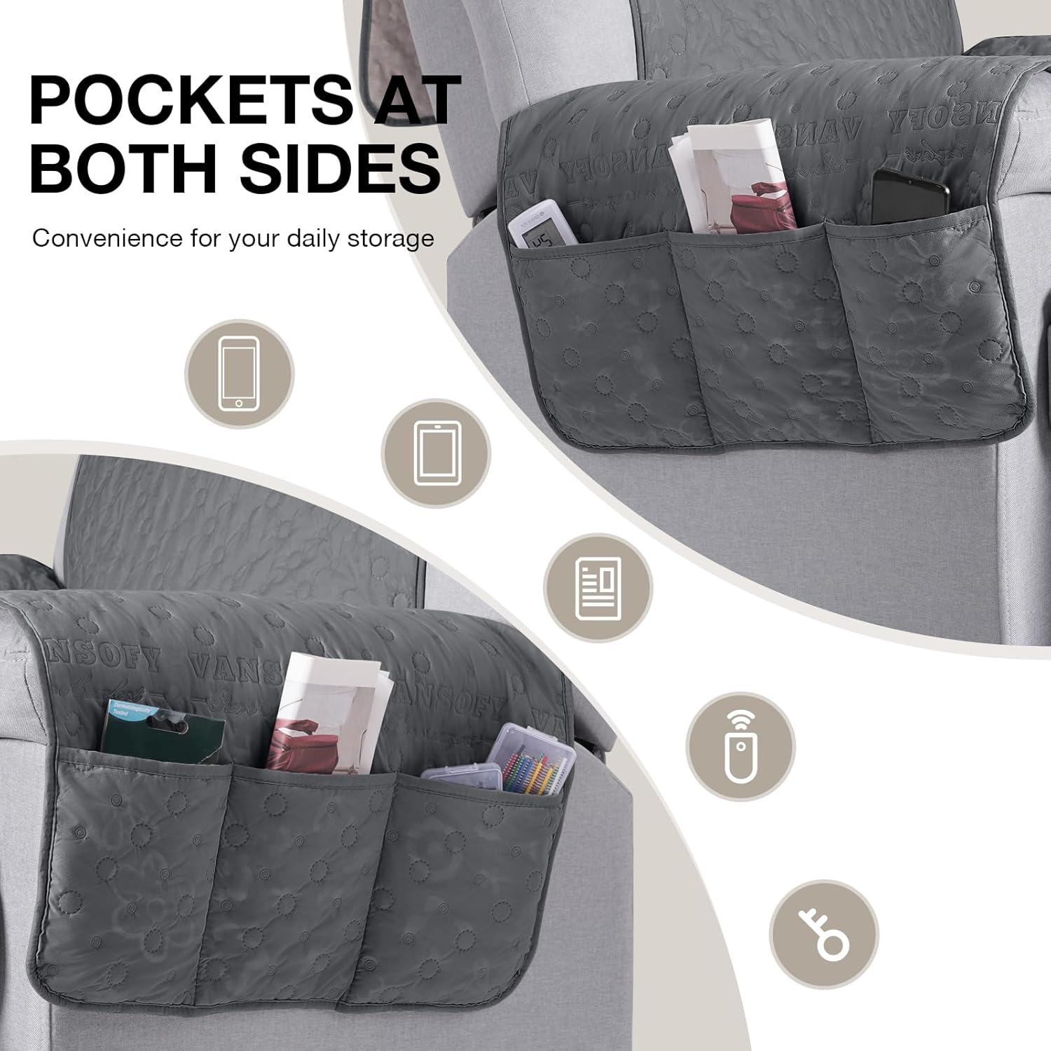 VANSOFY 100% Waterproof Recliner Chair Cover, Recliner Cover with Non-Slip Granule, Washable Reclining Chair with Pocket Furniture Protector for Kids, Pets(Dark Gray, 23")
