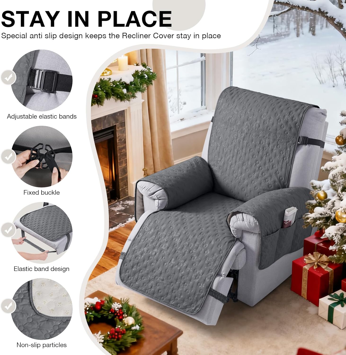 VANSOFY 100% Waterproof Recliner Chair Cover, Recliner Cover with Non-Slip Granule, Washable Reclining Chair with Pocket Furniture Protector for Kids, Pets(Dark Gray, 23")